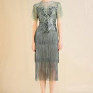 NWT: BABEYOND Exquisite Floral Fringe Flapper Dress in Dusty Green, Size 8